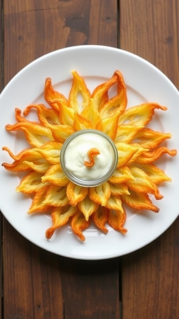 A crispy air fryer onion blossom served with ranch dressing on a rustic wooden table.